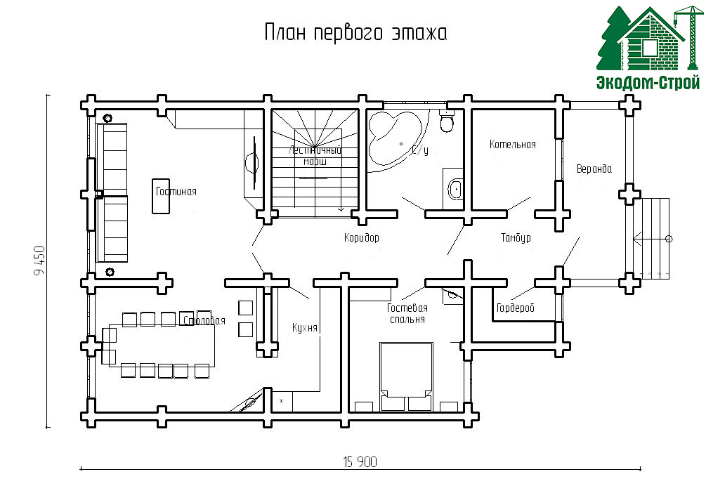 Дом из сруба Ейск-3 План первого этажа